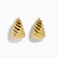 The 14K Yellow Gold Graduated Design Huggie Earrings feature a shiny, chunky twisted spiral design and are shown against a white background.