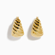 The 14K Yellow Gold Graduated Design Huggie Earrings feature a shiny, chunky twisted spiral design and are shown against a white background.