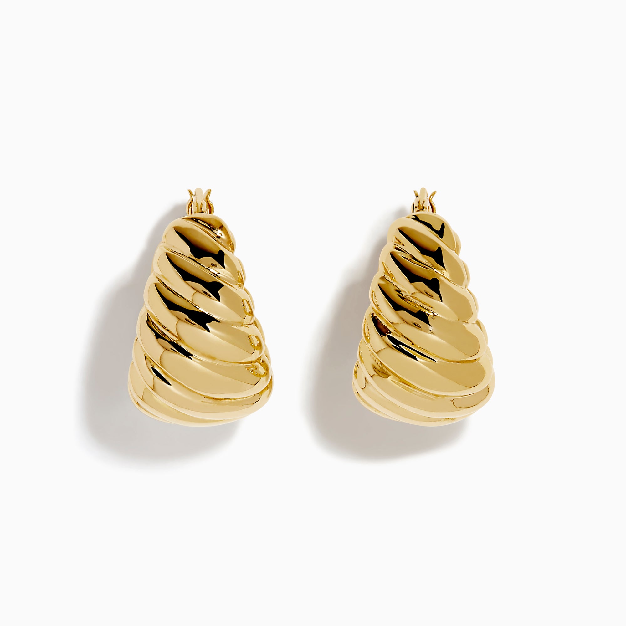 The 14K Yellow Gold Graduated Design Huggie Earrings feature a shiny, chunky twisted spiral design and are shown against a white background.
