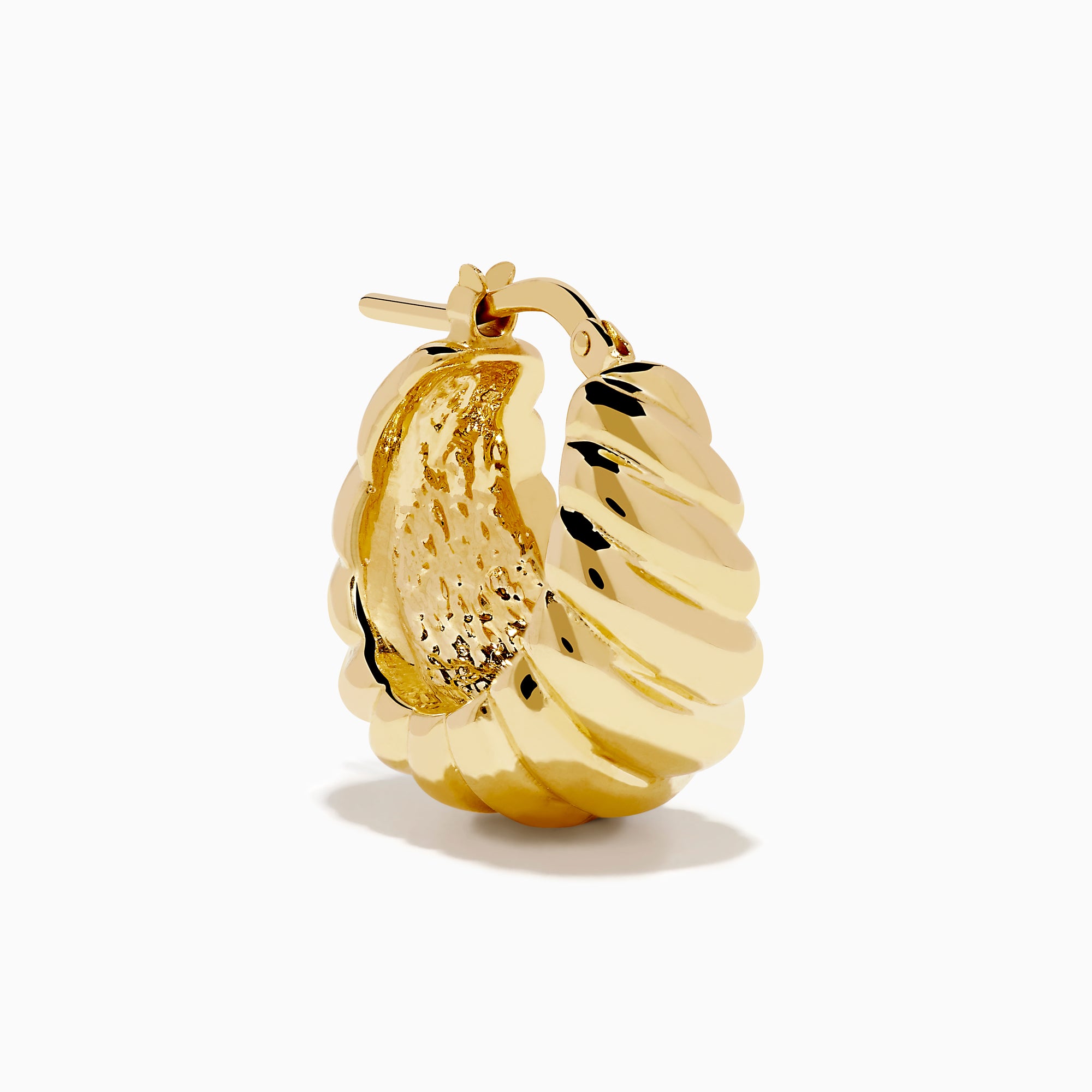 The 14K Yellow Gold Graduated Design Huggie Earrings feature a shiny, chunky twisted spiral design and are shown against a white background.