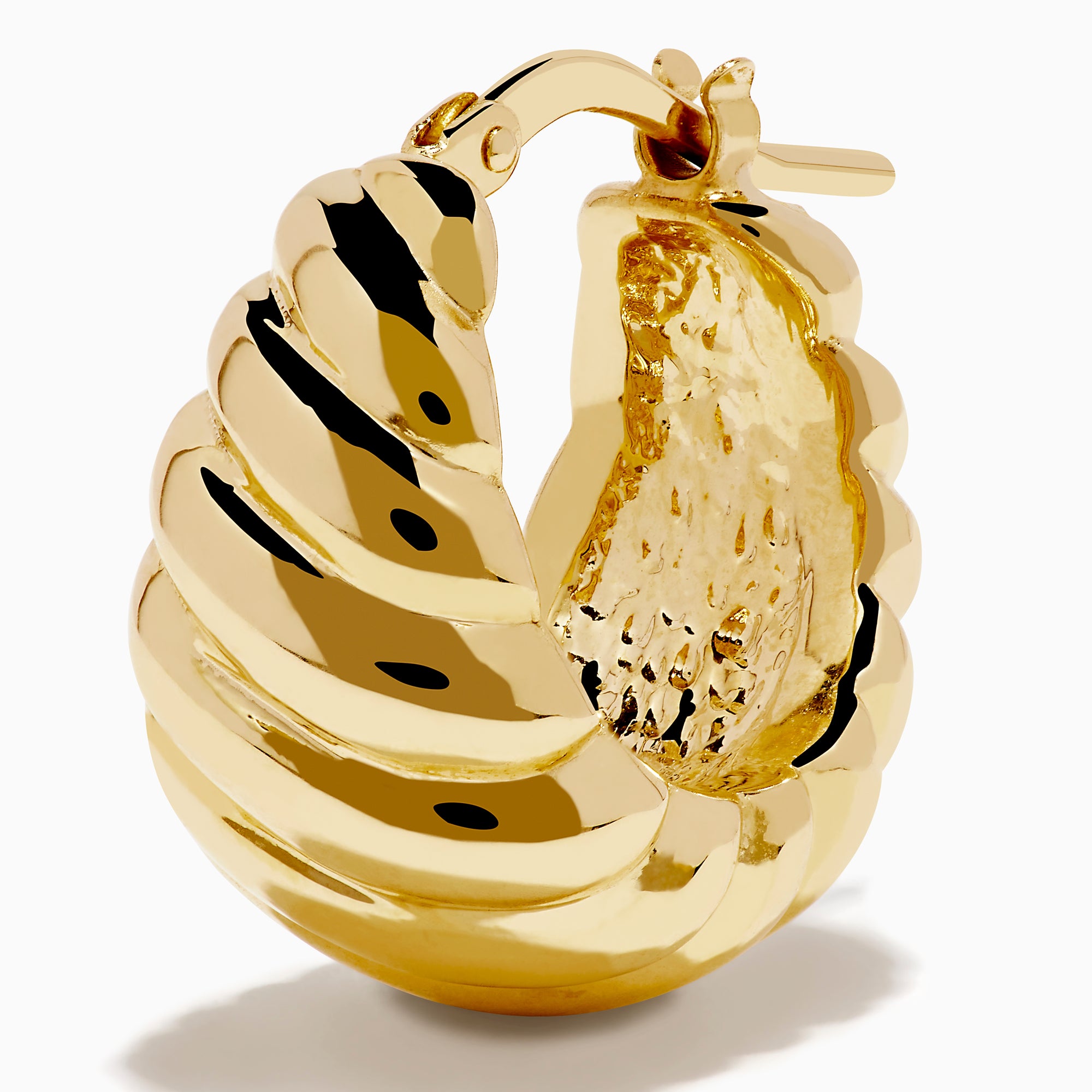 The 14K Yellow Gold Graduated Design Huggie Earrings feature a shiny, chunky twisted spiral design and are shown against a white background.