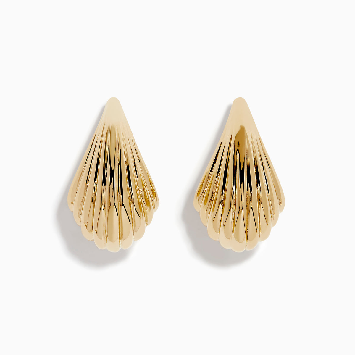 A pair of 14K yellow gold shrimp stud earrings, gleaming against a plain white background.
