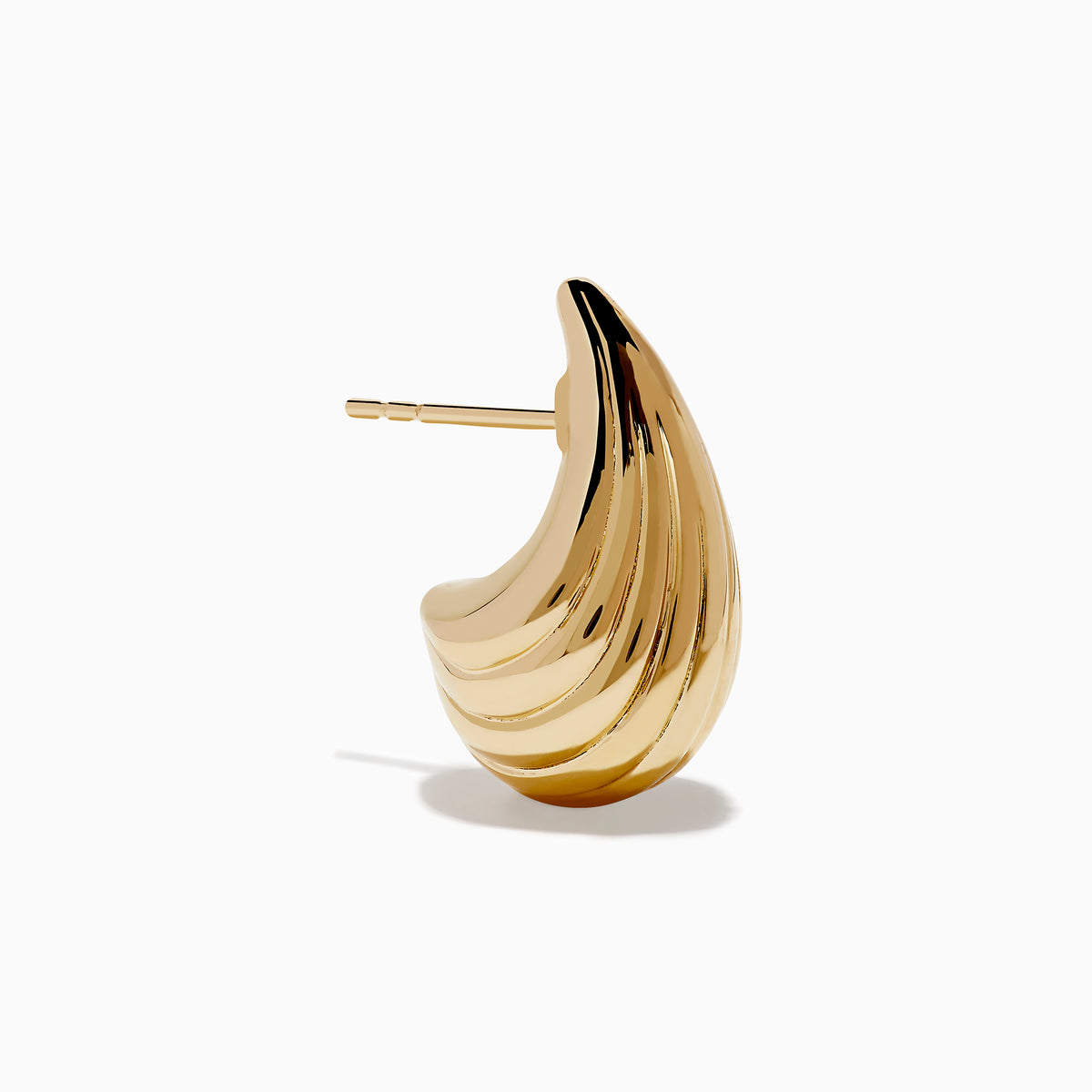 A pair of 14K yellow gold shrimp stud earrings, gleaming against a plain white background.