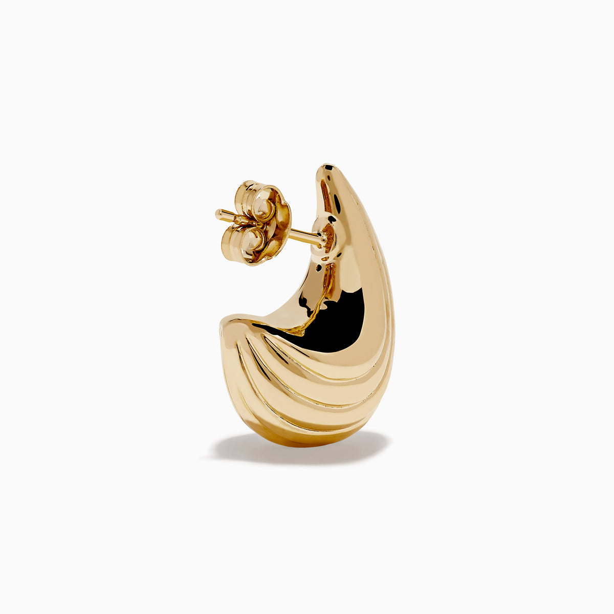 A pair of 14K yellow gold shrimp stud earrings, gleaming against a plain white background.
