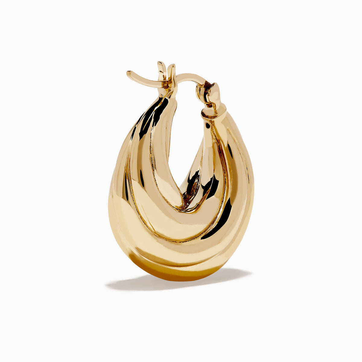 The 14K Yellow Gold Shrimp Hoop Earrings feature a twisted, sculptural teardrop design and are displayed on a white background.