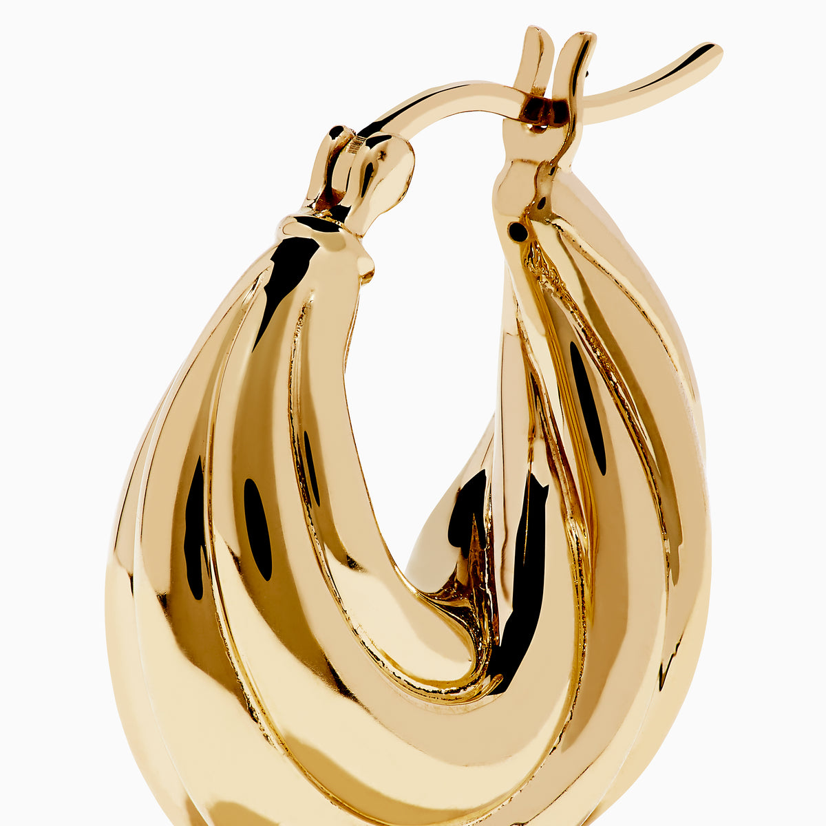 The 14K Yellow Gold Shrimp Hoop Earrings feature a twisted, sculptural teardrop design and are displayed on a white background.