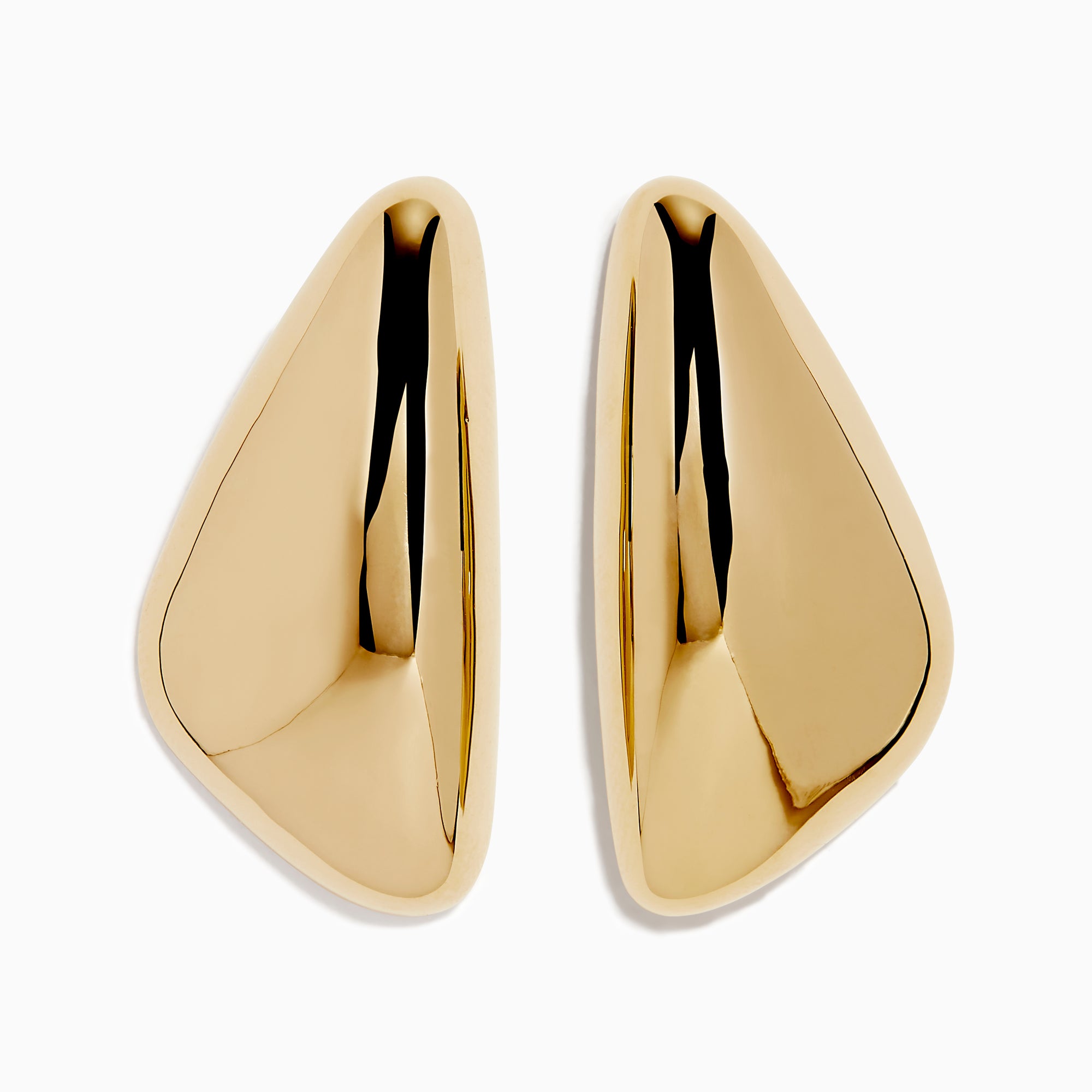 A pair of 14K Yellow Gold Triangle Stud Earrings with smooth, reflective surfaces, displayed on a white background.