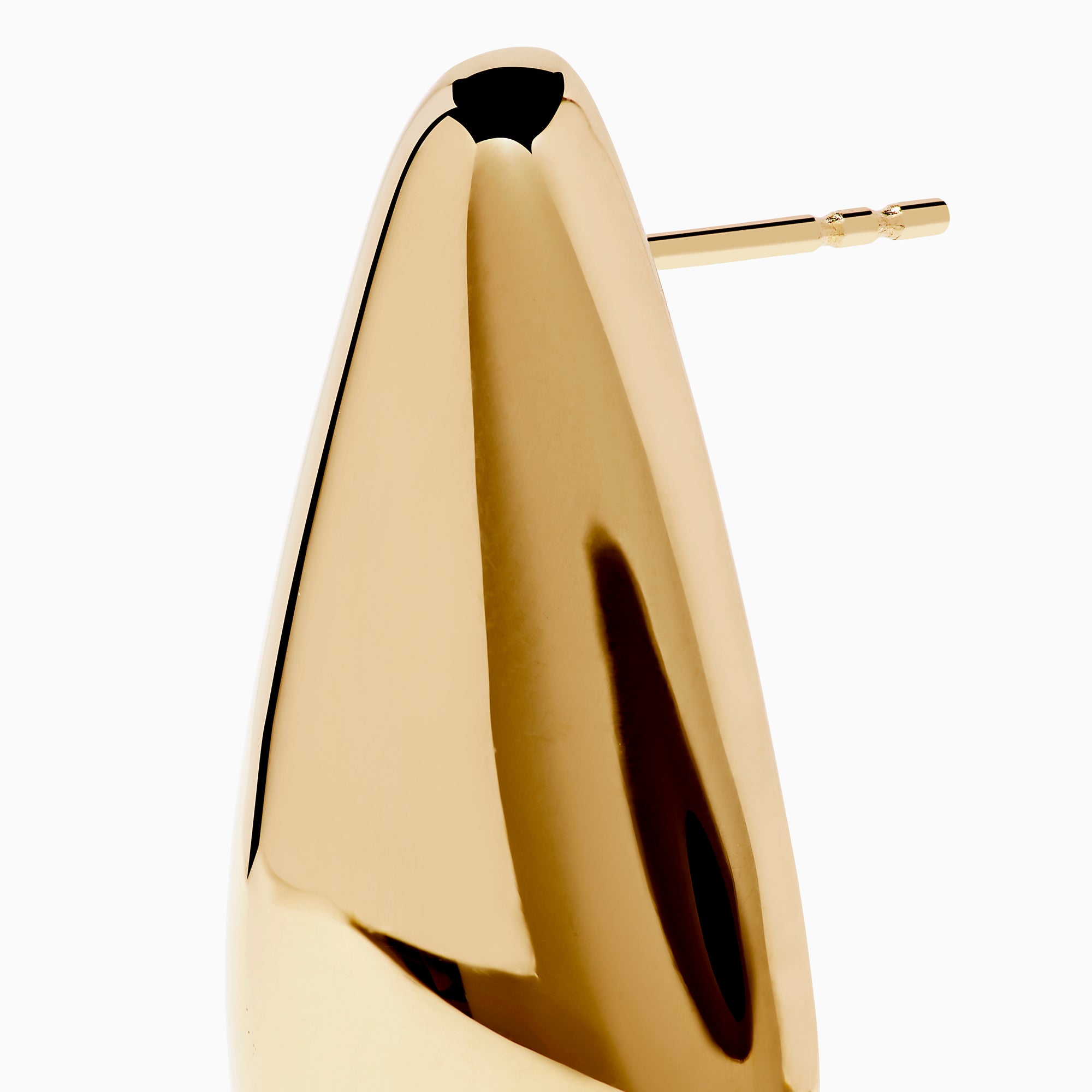 A pair of 14K Yellow Gold Triangle Stud Earrings with smooth, reflective surfaces, displayed on a white background.