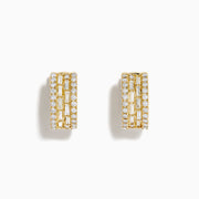 The DOro 14K Yellow Gold Diamond Huggie Earrings feature rows of rectangular and round clear gemstones set in a geometric pattern, shown against a white background.