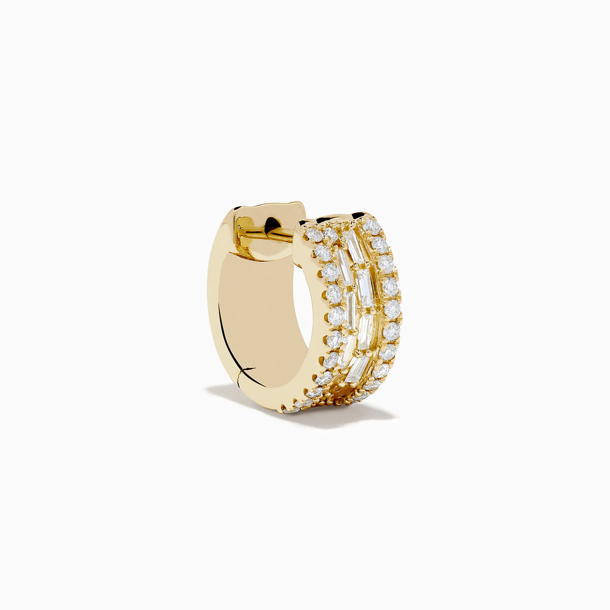 The DOro 14K Yellow Gold Diamond Huggie Earrings feature rows of rectangular and round clear gemstones set in a geometric pattern, shown against a white background.