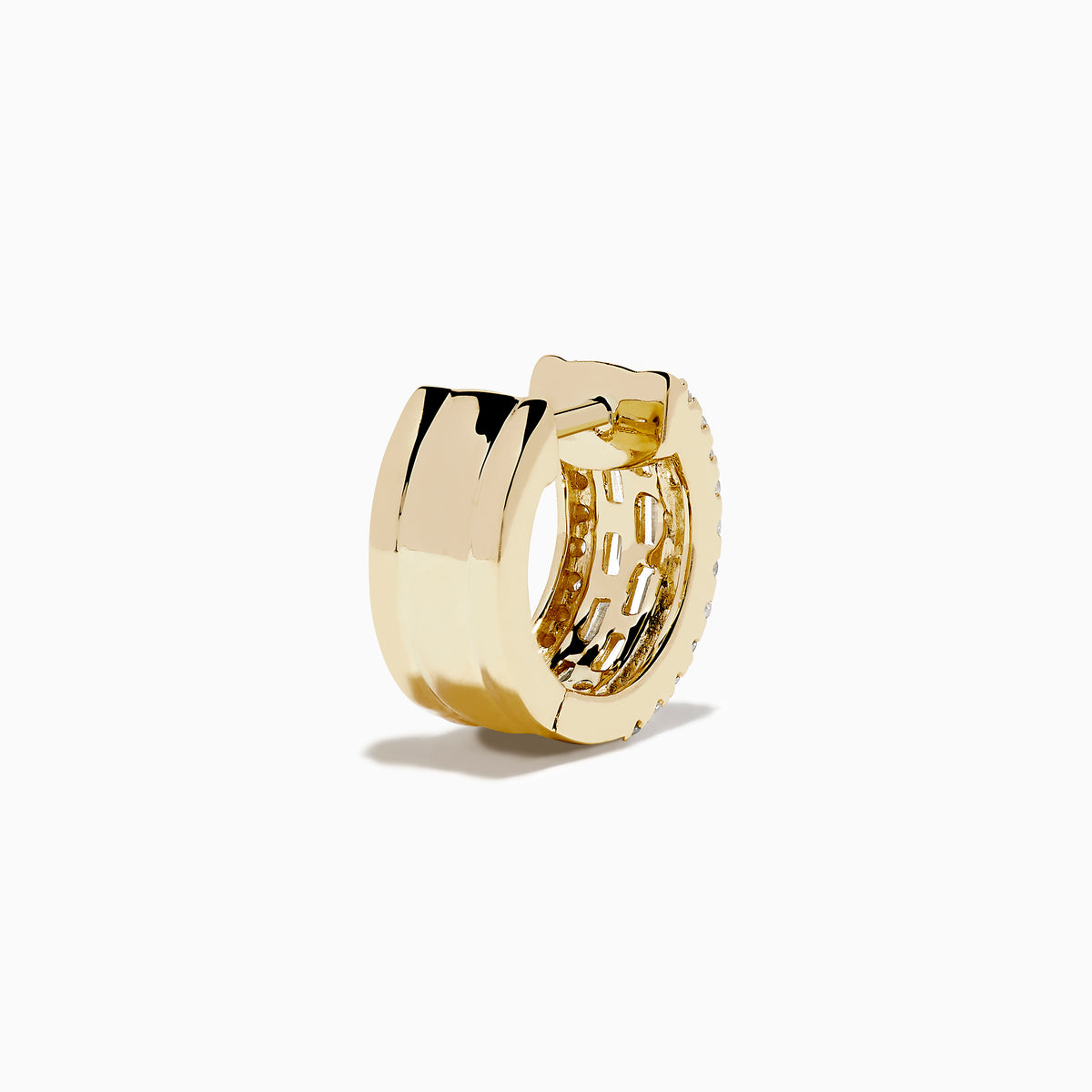 The DOro 14K Yellow Gold Diamond Huggie Earrings feature rows of rectangular and round clear gemstones set in a geometric pattern, shown against a white background.
