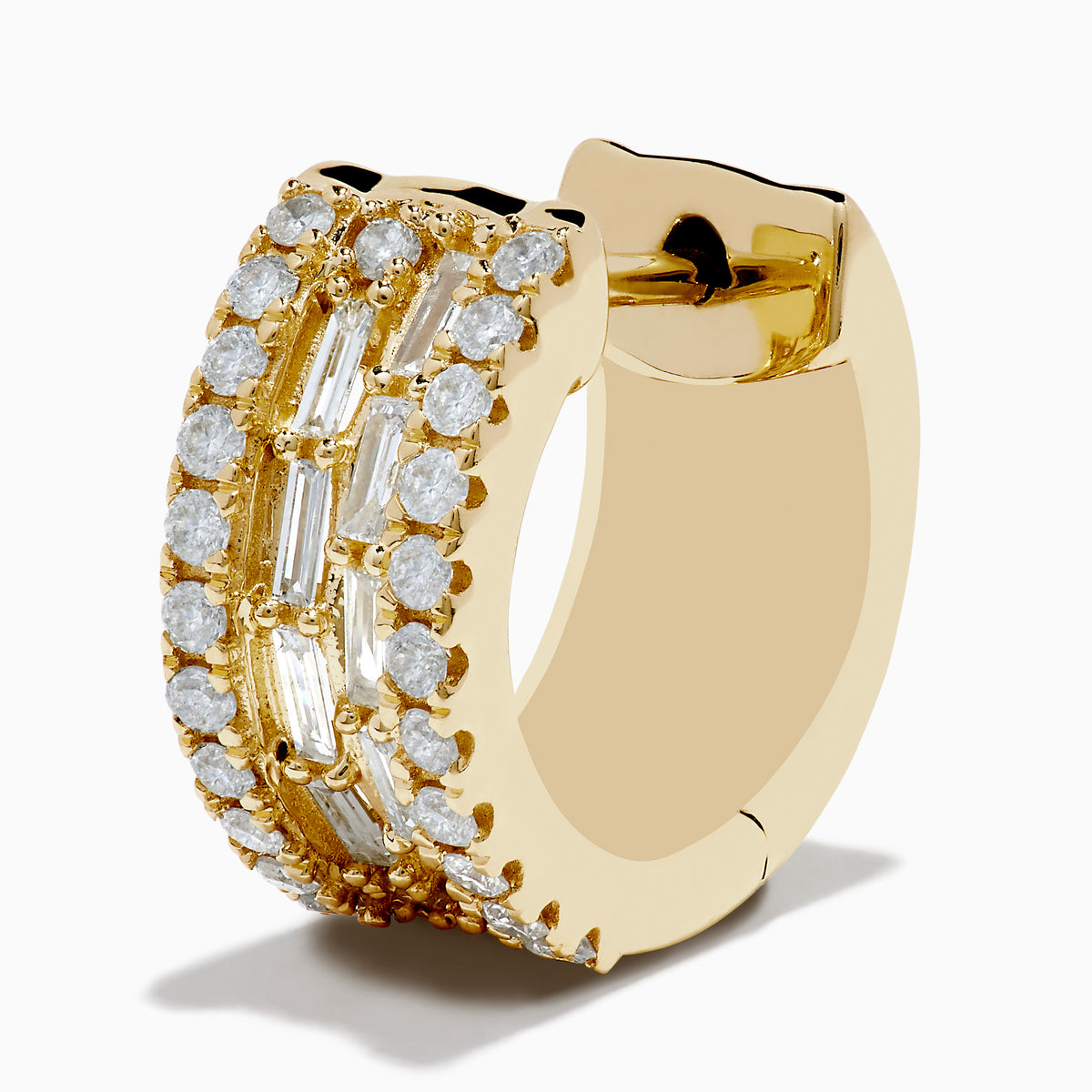 The DOro 14K Yellow Gold Diamond Huggie Earrings feature rows of rectangular and round clear gemstones set in a geometric pattern, shown against a white background.