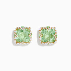 The 14K Yellow Gold Green Amethyst and Diamond Earrings feature square-shaped light green amethysts framed by sparkling white diamonds, set in sleek yellow gold.