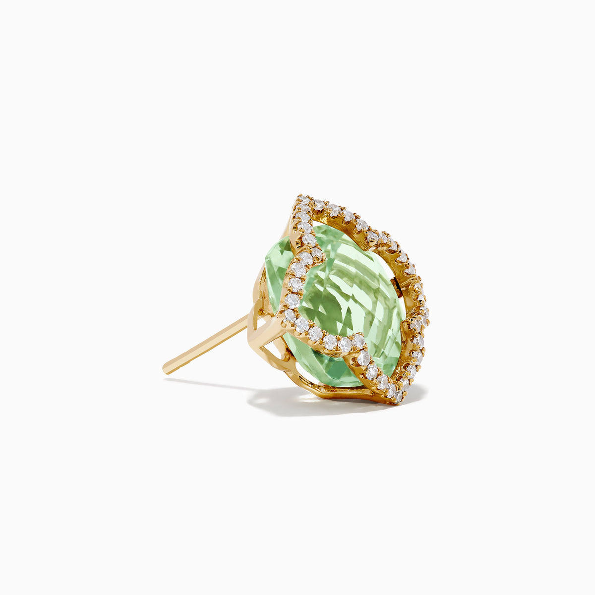 The 14K Yellow Gold Green Amethyst and Diamond Earrings feature square-shaped light green amethysts framed by sparkling white diamonds, set in sleek yellow gold.