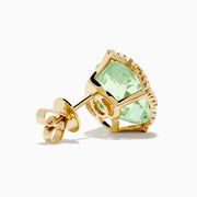 The 14K Yellow Gold Green Amethyst and Diamond Earrings feature square-shaped light green amethysts framed by sparkling white diamonds, set in sleek yellow gold.