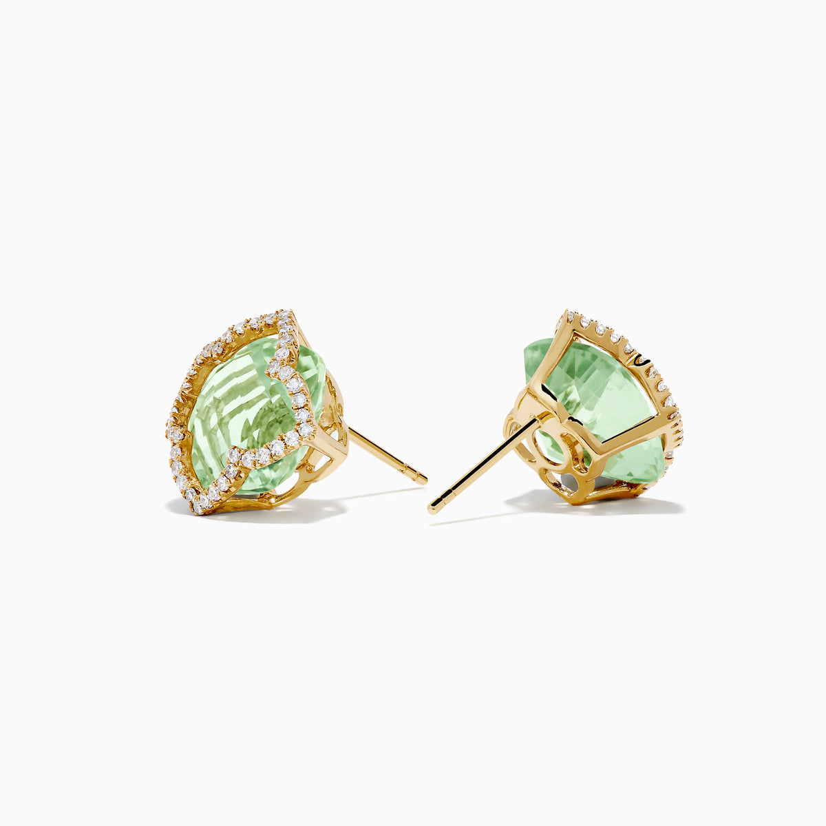 The 14K Yellow Gold Green Amethyst and Diamond Earrings feature square-shaped light green amethysts framed by sparkling white diamonds, set in sleek yellow gold.