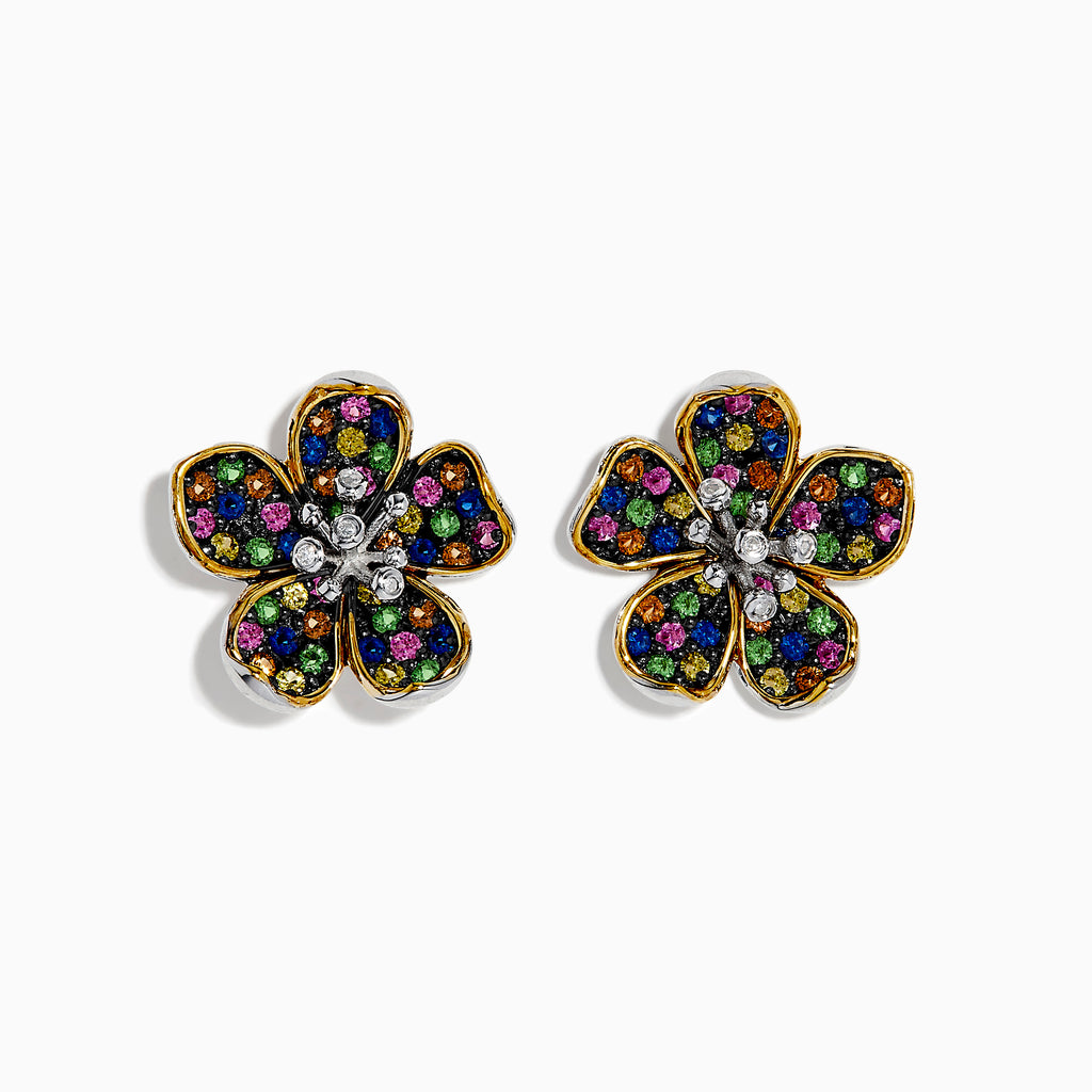 Splash Sterling Silver Diamond, Sapphire & Tsavorite Flower Earrings feature gold-lined petals accented with colorful sapphires and tsavorite stones, plus a cluster of clear diamonds at the center, set against a white background.