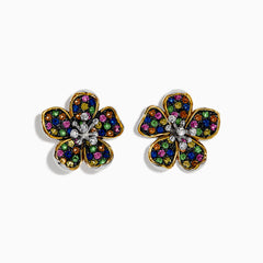 Splash Sterling Silver Diamond, Sapphire & Tsavorite Flower Earrings feature gold-lined petals accented with colorful sapphires and tsavorite stones, plus a cluster of clear diamonds at the center, set against a white background.