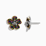 Splash Sterling Silver Diamond, Sapphire & Tsavorite Flower Earrings feature gold-lined petals accented with colorful sapphires and tsavorite stones, plus a cluster of clear diamonds at the center, set against a white background.