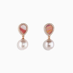 The Peark 14K Rose Gold Pearl, Mother of Pearl and Diamond Earrings feature teardrop-shaped mother of pearl insets with diamond borders and round white pearl drops, elegantly displayed on a white background.
