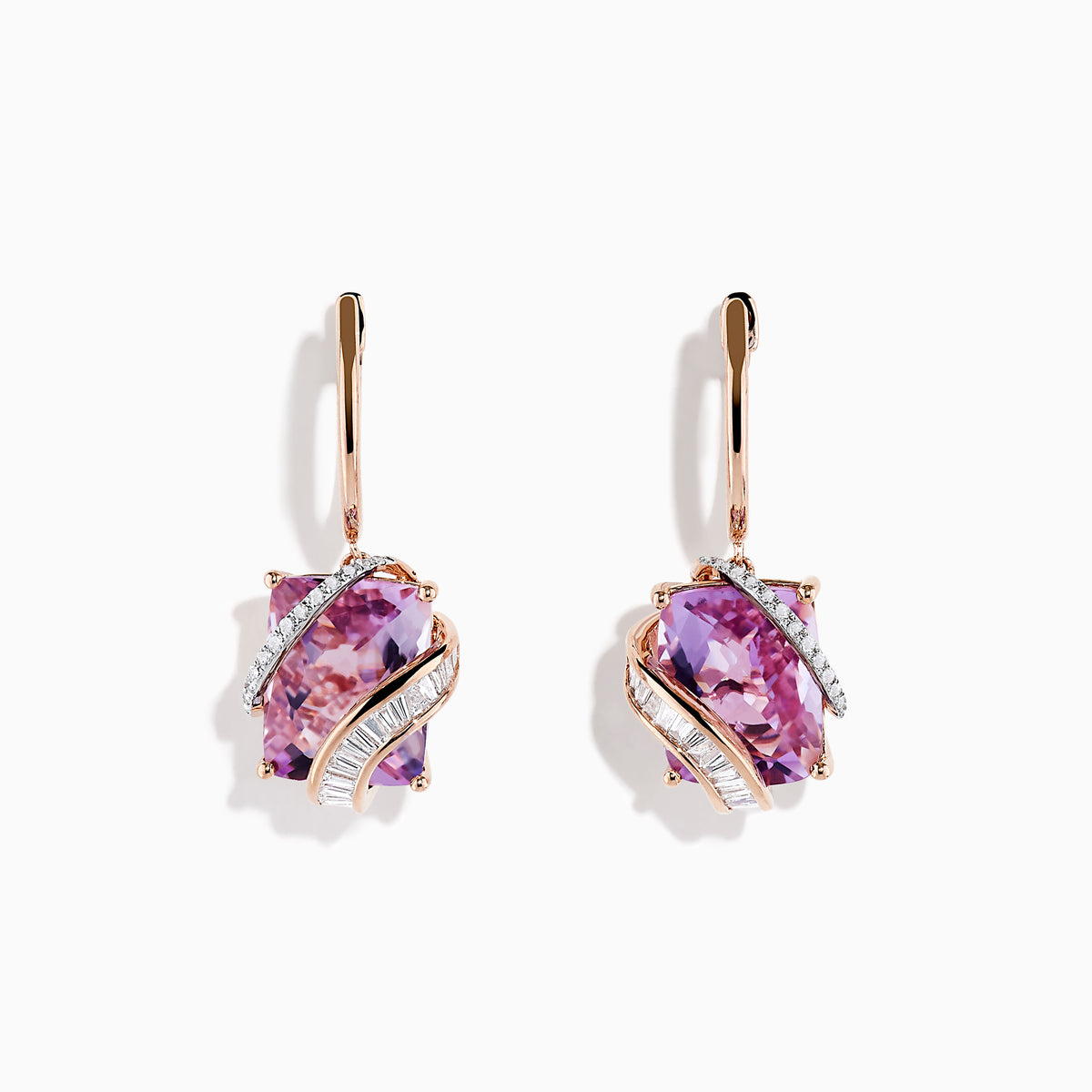 A pair of 14K Rose Gold Pink Amethyst and Diamond Drop Earrings featuring large faceted pink amethyst gems and curved bands with sparkling diamonds, displayed against a white background.