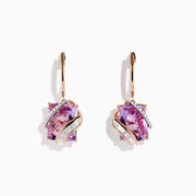 A pair of 14K Rose Gold Pink Amethyst and Diamond Drop Earrings featuring large faceted pink amethyst gems and curved bands with sparkling diamonds, displayed against a white background.