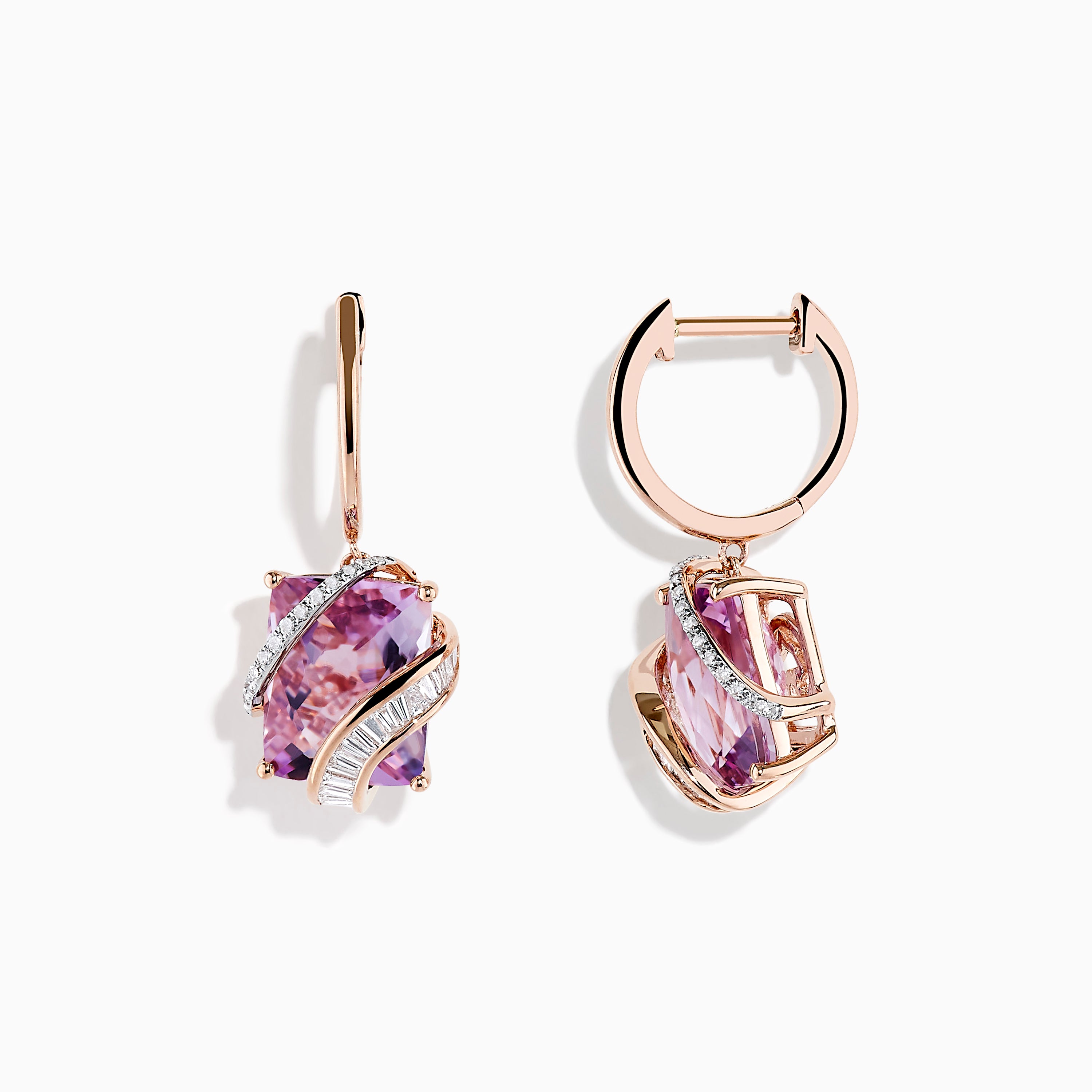 14K Rose Gold Pink Amethyst and Diamond Drop Earrings