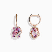 A pair of 14K Rose Gold Pink Amethyst and Diamond Drop Earrings featuring large faceted pink amethyst gems and curved bands with sparkling diamonds, displayed against a white background.