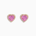 The 14K Rose Gold Kunzite and Diamond Heart Earrings feature pink kunzite centers, each bordered by sparkling diamonds—an elegant choice for fans of heart-shaped stud earrings.