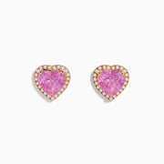 The 14K Rose Gold Kunzite and Diamond Heart Earrings feature pink kunzite centers, each bordered by sparkling diamonds—an elegant choice for fans of heart-shaped stud earrings.
