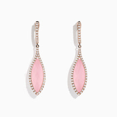 These 14K Rose Gold Rose Quartz and Diamond Earrings feature elegant marquise-shaped rose quartz stones bordered by sparkling diamonds, set in rose gold.
