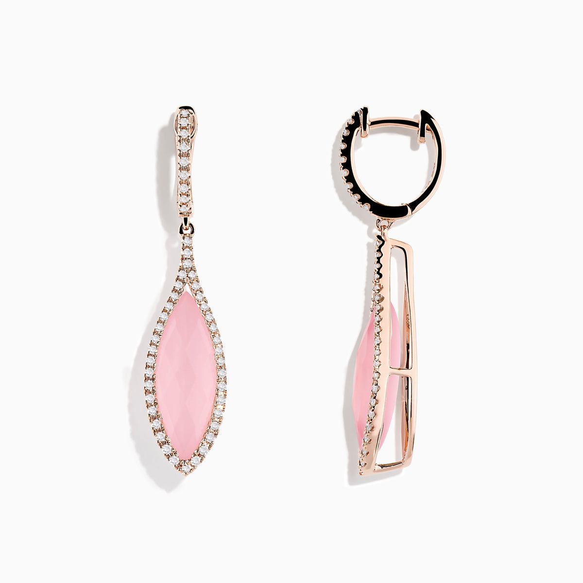These 14K Rose Gold Rose Quartz and Diamond Earrings feature elegant marquise-shaped rose quartz stones bordered by sparkling diamonds, set in rose gold.