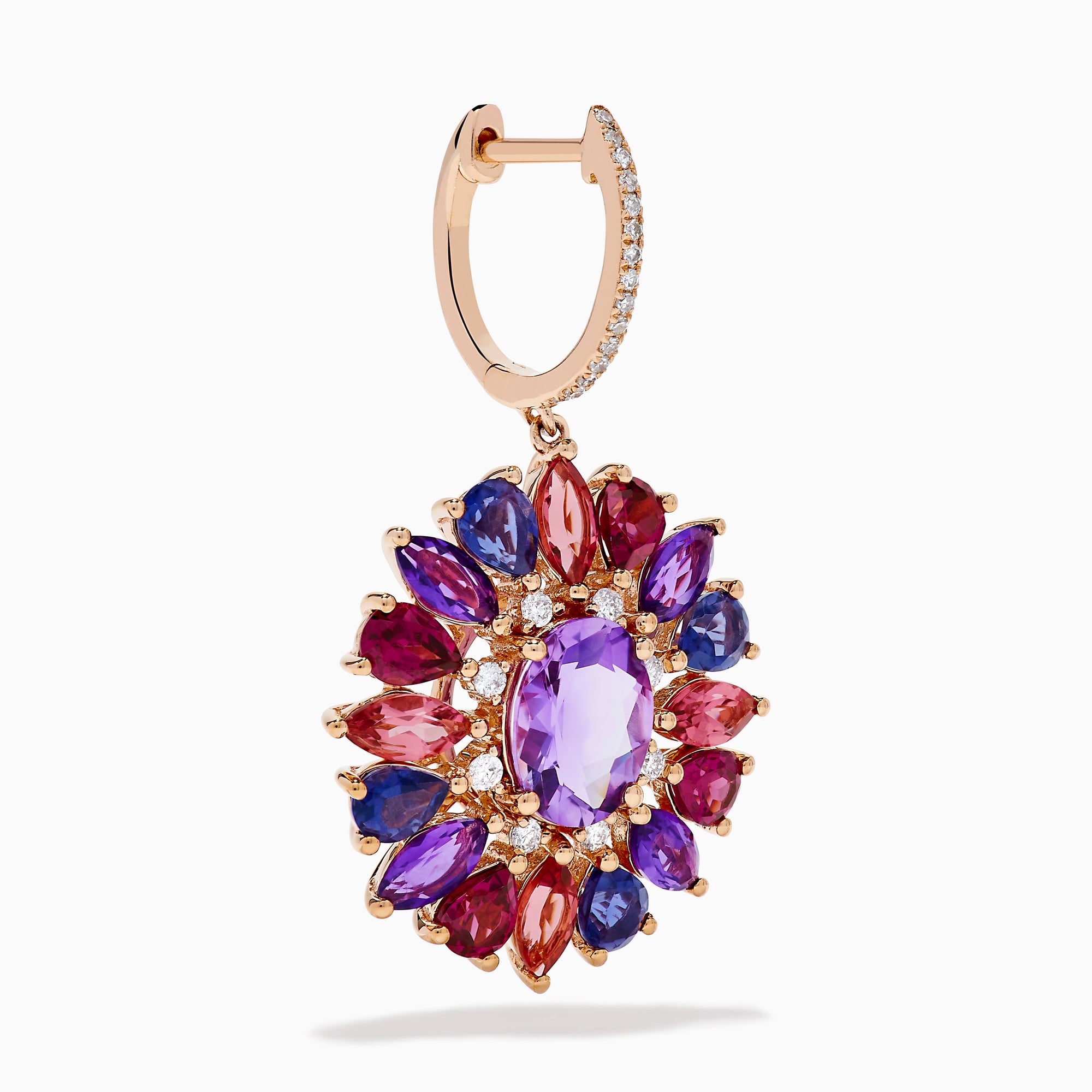 The 14K Rose Gold Mix Stone and Diamond Floral Drop Earrings feature oval and marquise purple, pink, red, and blue stones in a floral pattern with diamond accents on the hooks.
