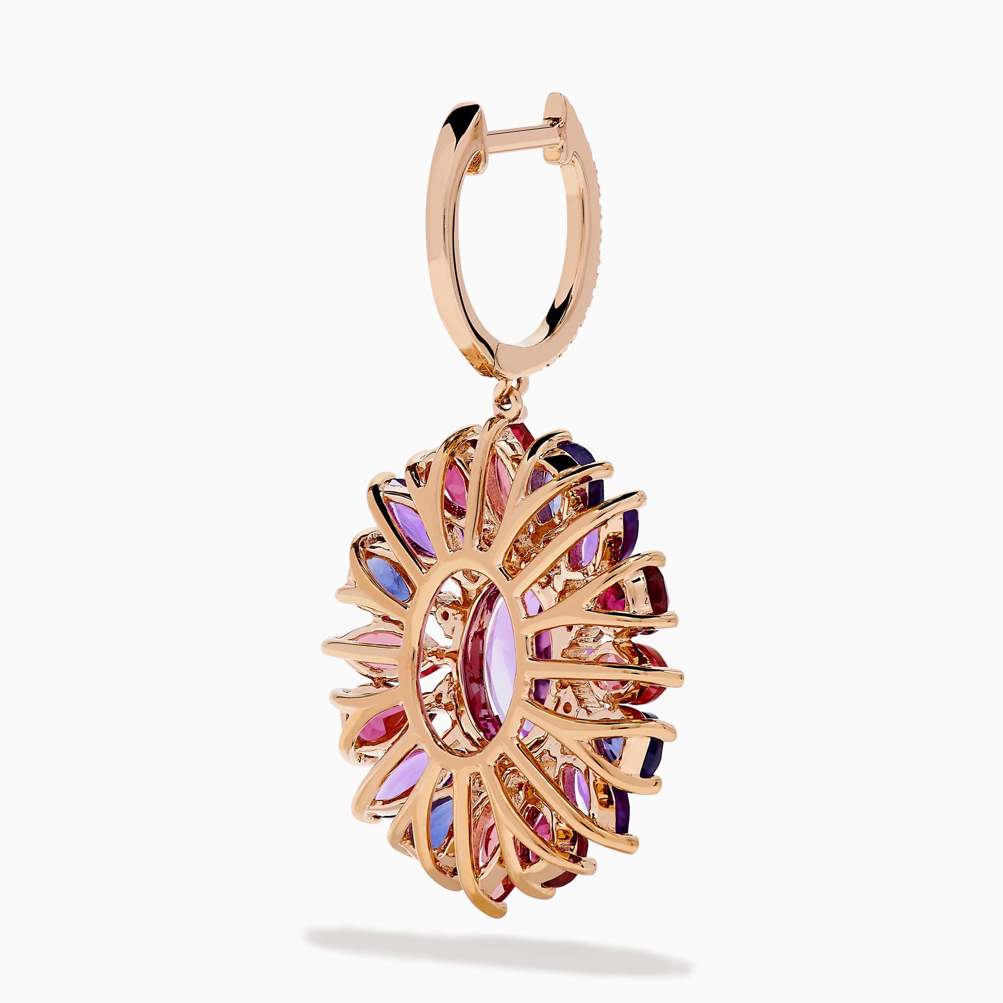 The 14K Rose Gold Mix Stone and Diamond Floral Drop Earrings feature oval and marquise purple, pink, red, and blue stones in a floral pattern with diamond accents on the hooks.