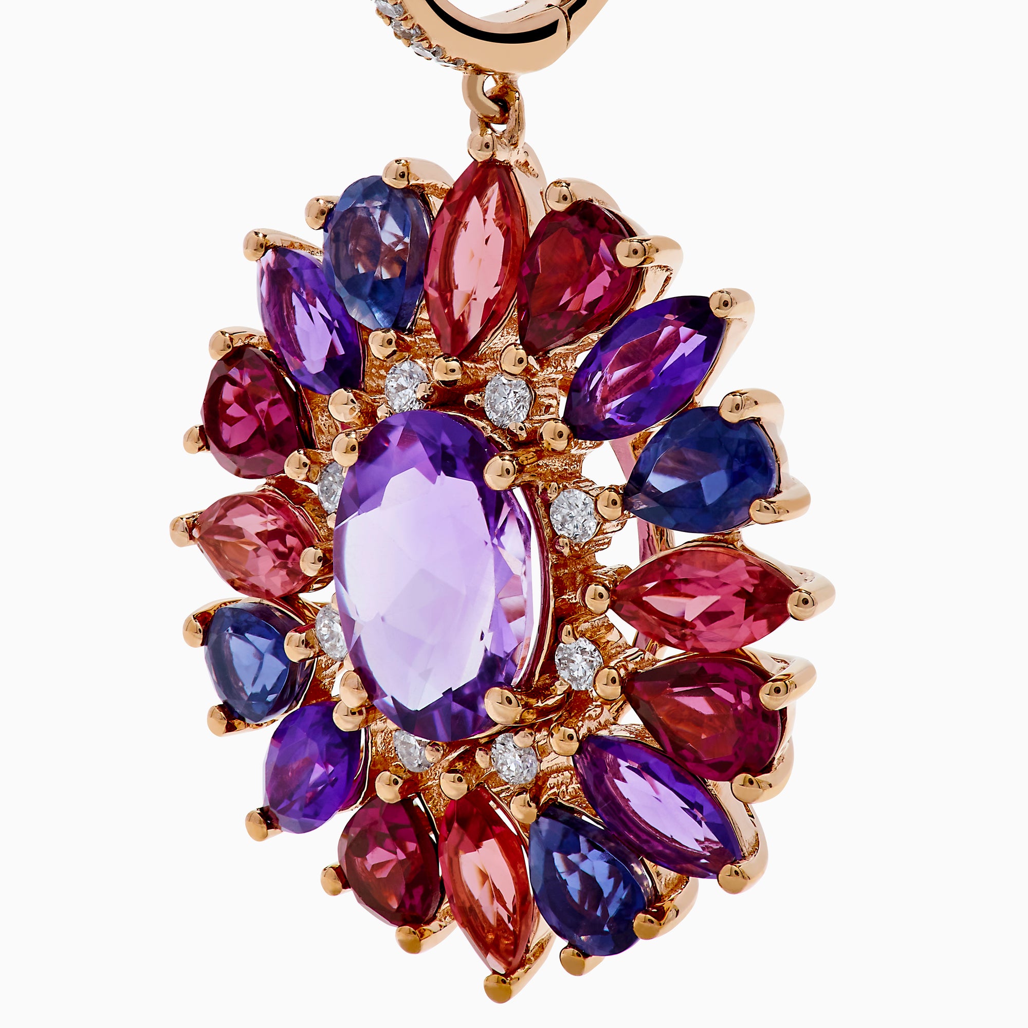 The 14K Rose Gold Mix Stone and Diamond Floral Drop Earrings feature oval and marquise purple, pink, red, and blue stones in a floral pattern with diamond accents on the hooks.