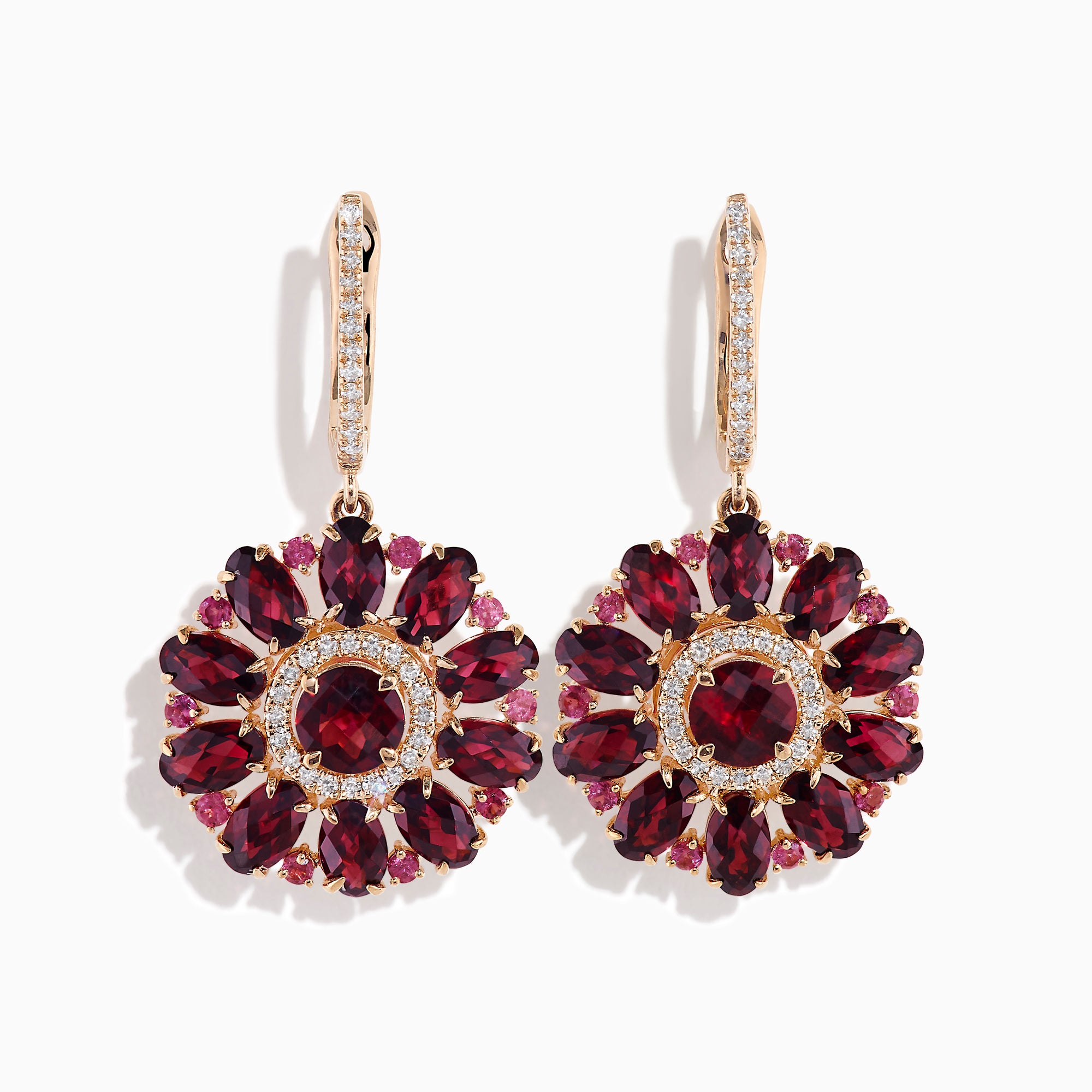The 14K Rose Gold Rhodolite and Diamond Floral Dangle Earrings showcase large floral designs with deep red rhodolite gemstone petals, accented by clear stones and a diamond circle at the center.
