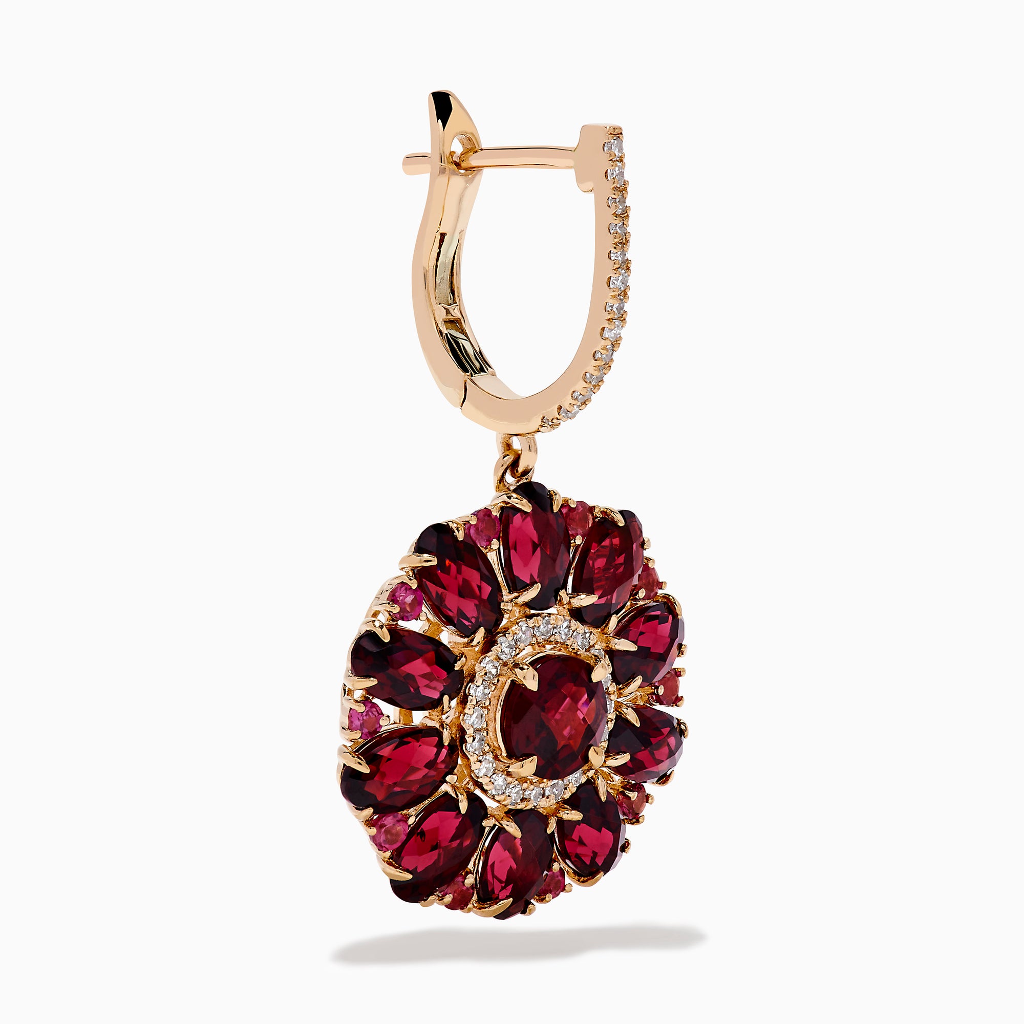 The 14K Rose Gold Rhodolite and Diamond Floral Dangle Earrings showcase large floral designs with deep red rhodolite gemstone petals, accented by clear stones and a diamond circle at the center.