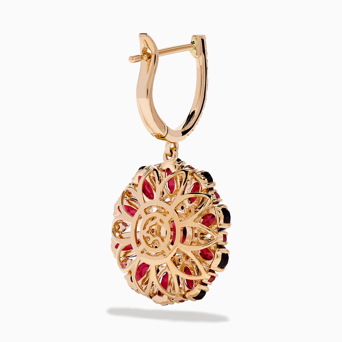 The 14K Rose Gold Rhodolite and Diamond Floral Dangle Earrings showcase large floral designs with deep red rhodolite gemstone petals, accented by clear stones and a diamond circle at the center.