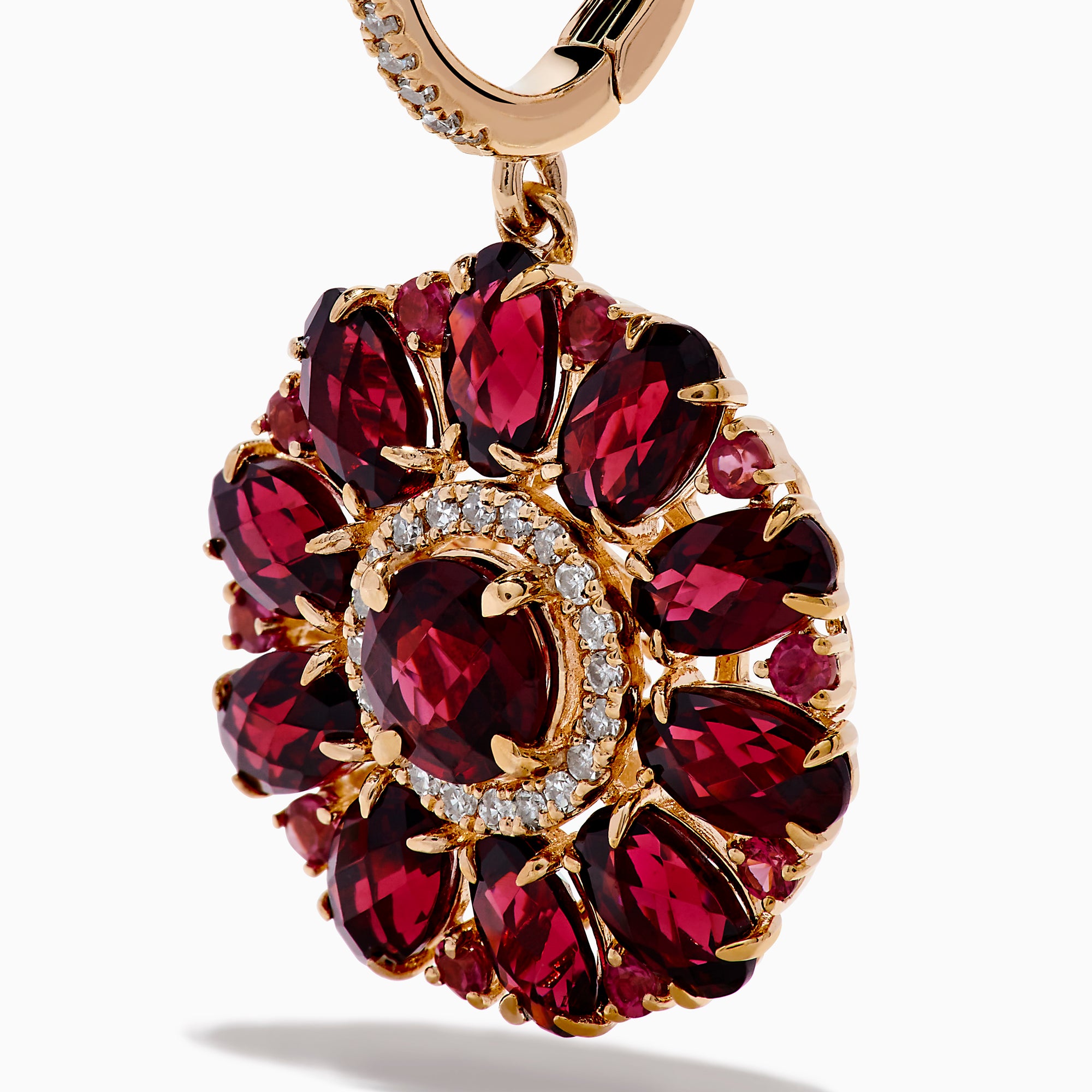 The 14K Rose Gold Rhodolite and Diamond Floral Dangle Earrings showcase large floral designs with deep red rhodolite gemstone petals, accented by clear stones and a diamond circle at the center.