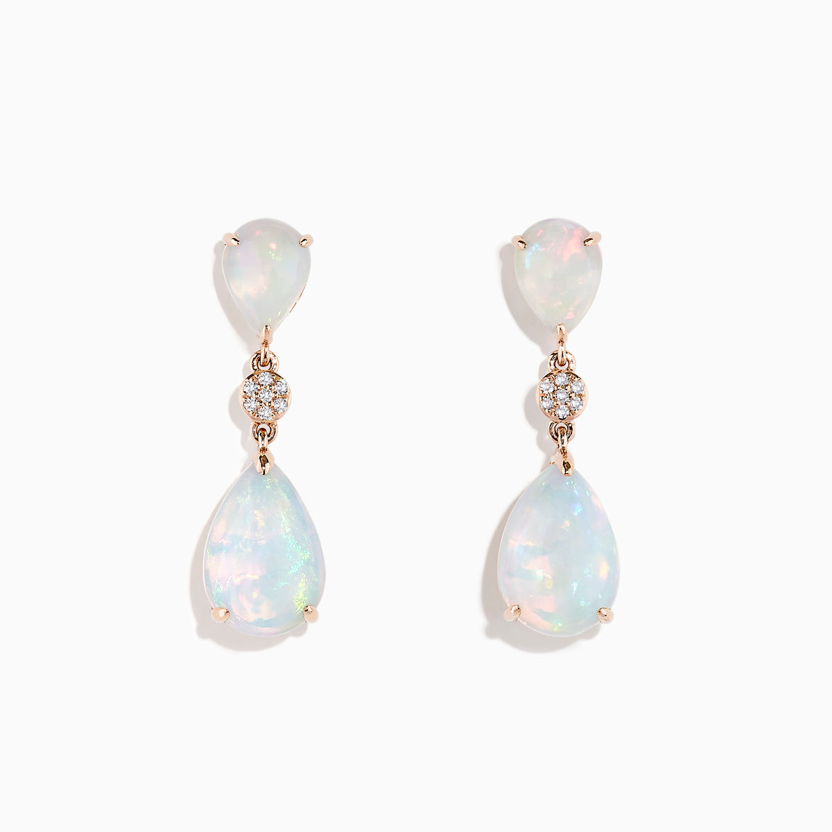 The 14K Rose Gold Opal and Diamond Drop Earrings feature pear-shaped opals and round diamond accents set in rose gold, offering a delicate, shimmering look against a white background.