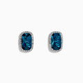 The 14K White Gold Elongated Cushion Blue Topaz and Diamond Halo Stud Earrings feature rectangular blue topaz stones encircled by shimmering diamonds for a timeless, elegant look.