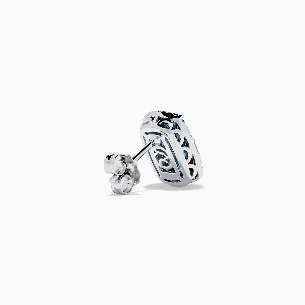 The 14K White Gold Elongated Cushion Blue Topaz and Diamond Halo Stud Earrings feature rectangular blue topaz stones encircled by shimmering diamonds for a timeless, elegant look.