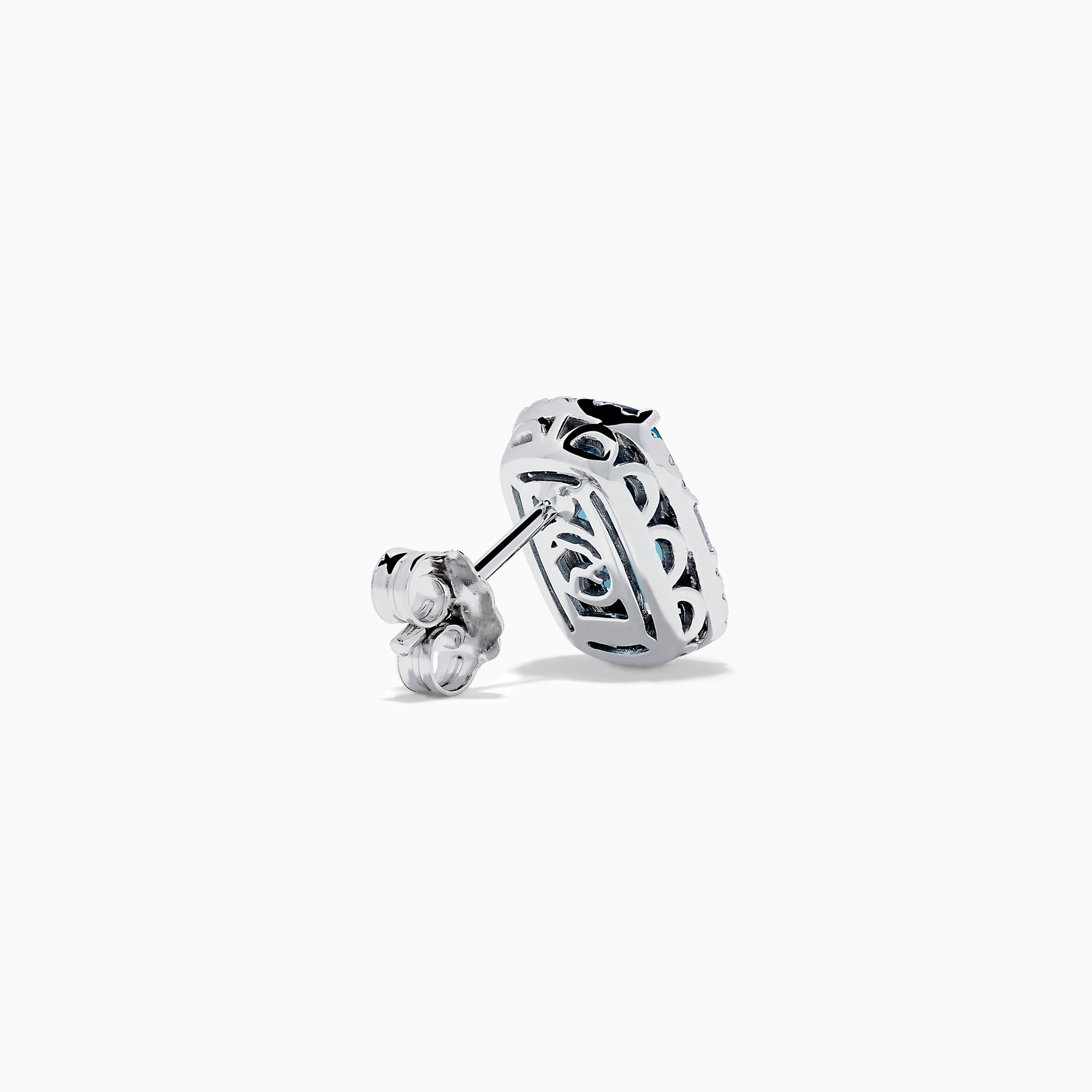 The 14K White Gold Elongated Cushion Blue Topaz and Diamond Halo Stud Earrings feature rectangular blue topaz stones encircled by shimmering diamonds for a timeless, elegant look.