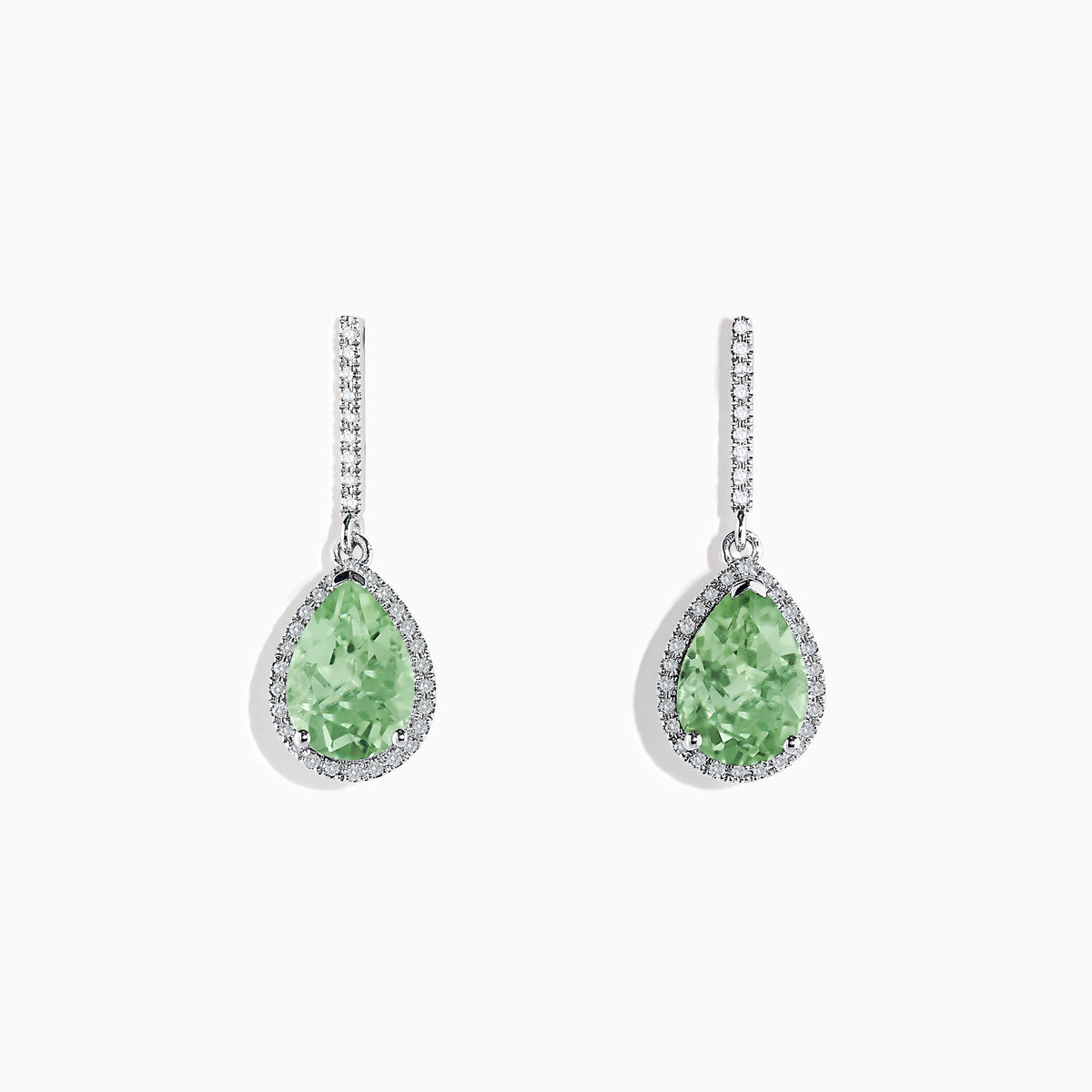 The 14K White Gold Green Amethyst and Diamond Drop Earrings feature pear-shaped green amethysts accented by diamonds, with diamond-lined hooks, and are displayed on a white background.