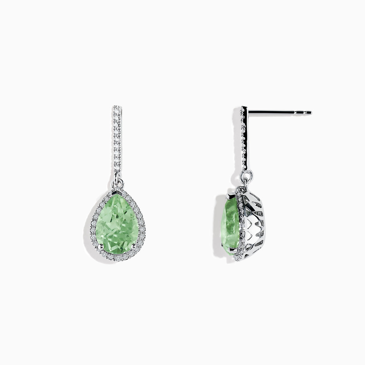 The 14K White Gold Green Amethyst and Diamond Drop Earrings feature pear-shaped green amethysts accented by diamonds, with diamond-lined hooks, and are displayed on a white background.