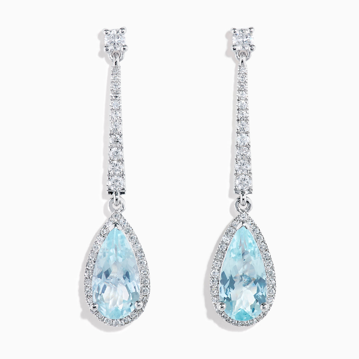 Elegant 14K white gold linear drop earrings featuring teardrop-shaped aquamarine gemstones, accented with diamonds.