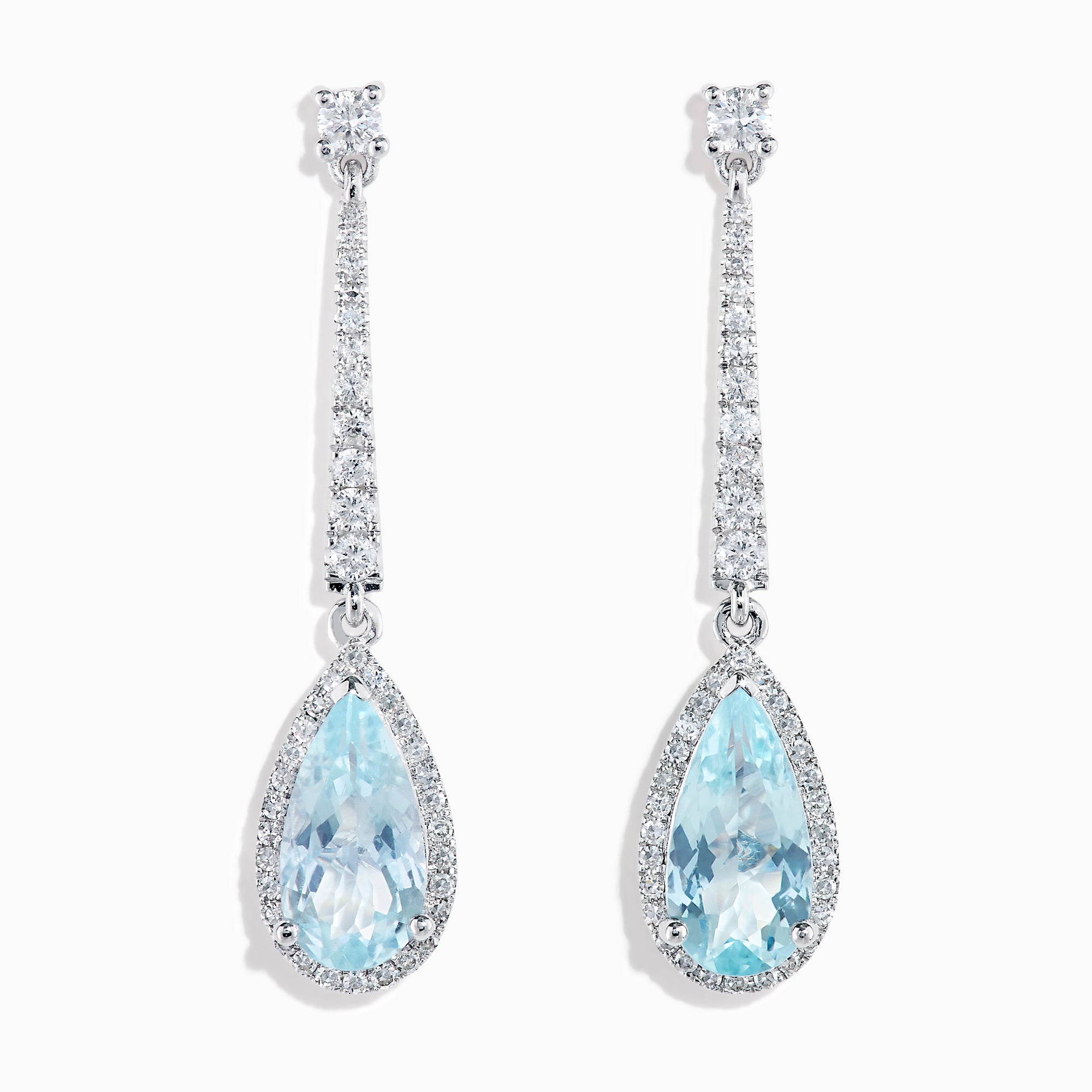 Elegant 14K white gold linear drop earrings featuring teardrop-shaped aquamarine gemstones, accented with diamonds.