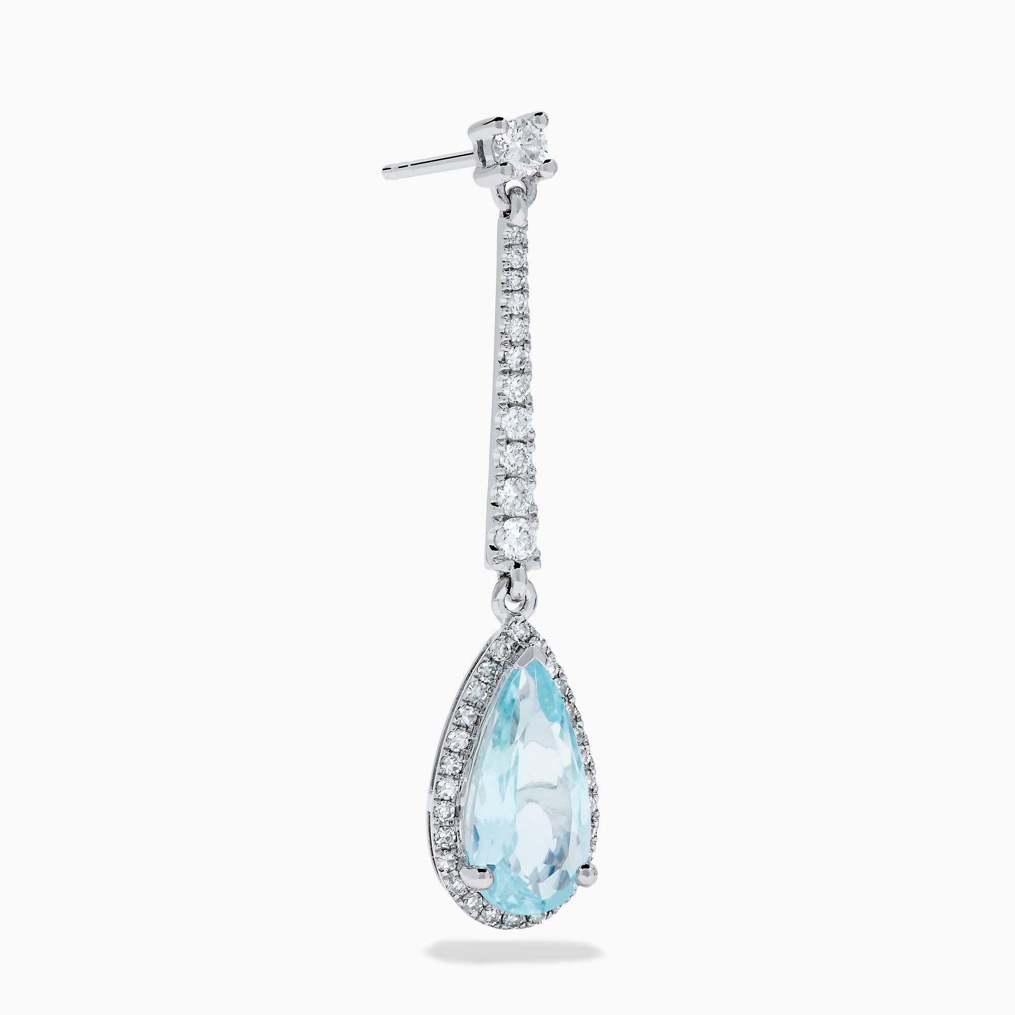 Elegant 14K white gold linear drop earrings featuring teardrop-shaped aquamarine gemstones, accented with diamonds.