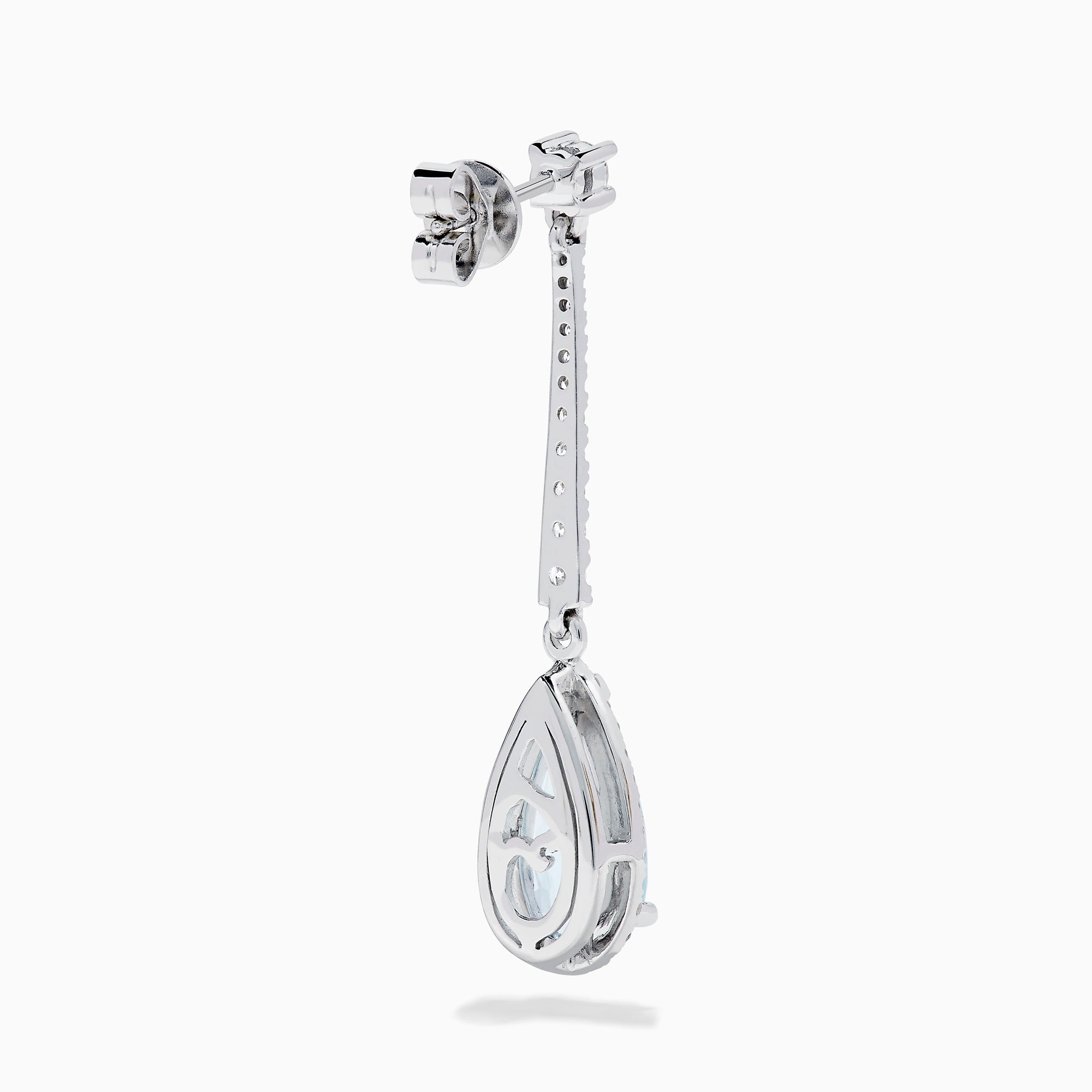 Elegant 14K white gold linear drop earrings featuring teardrop-shaped aquamarine gemstones, accented with diamonds.