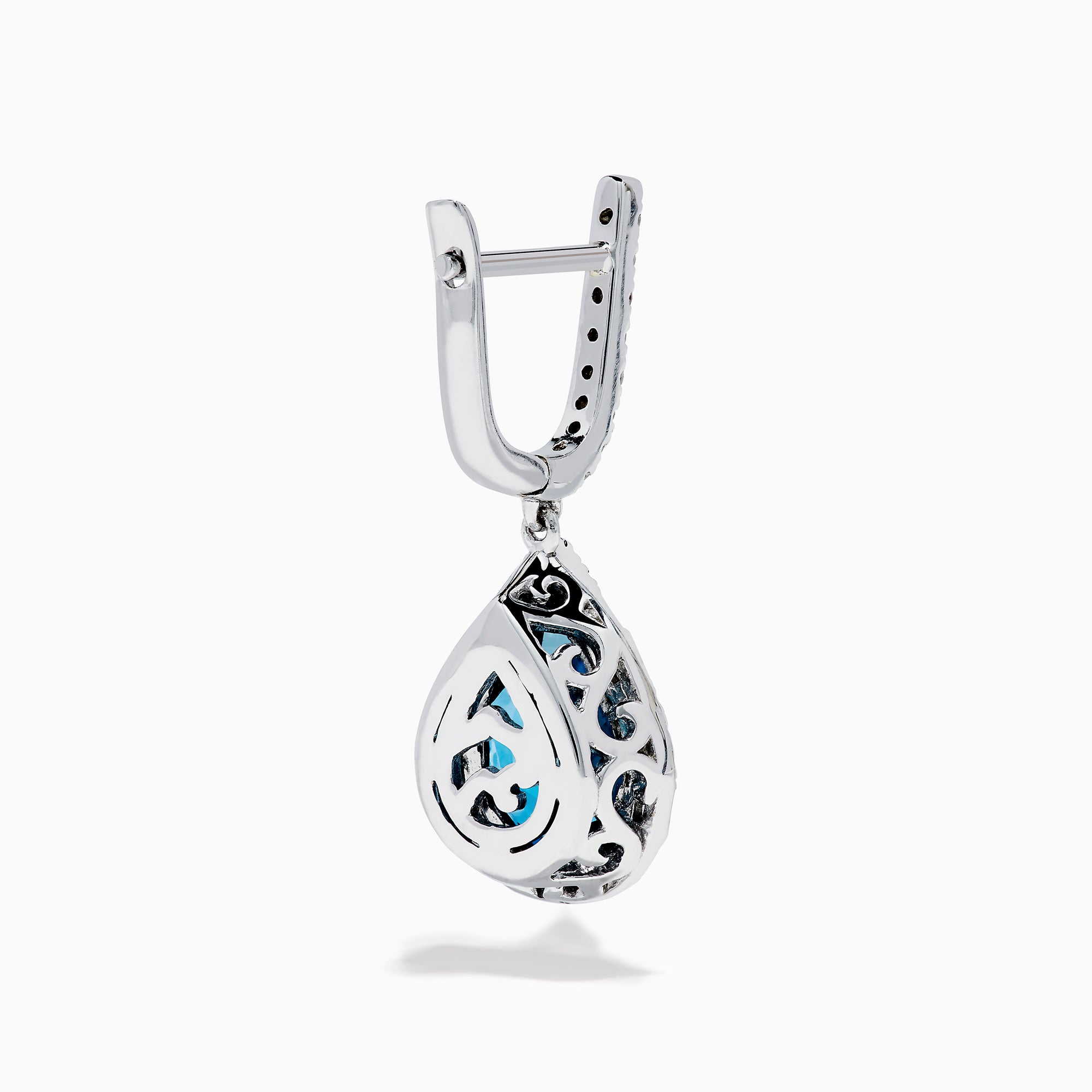 Elegant 14K white gold dangle earrings showcasing teardrop blue topaz gemstones, accented with sparkling diamonds for a stunning look.